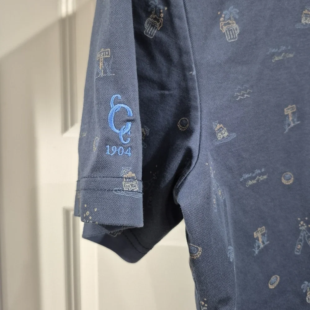 Travis Mathew Polo Shirt Mens Medium Slate Blue Golf Beer Beach Party‎ Pima Logo